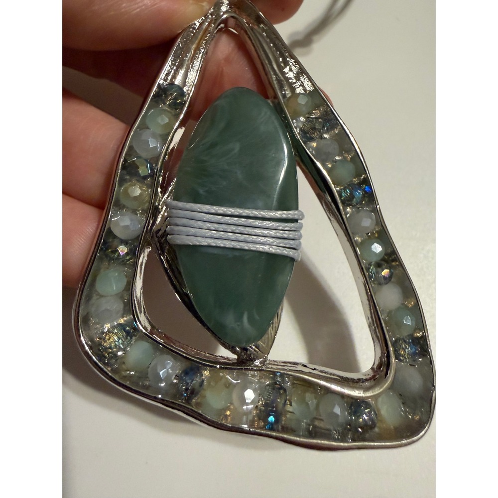 Silver Tone Green Stone Triangle Pendant Multi Strand Cord Necklace Boho